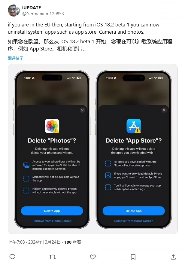 西畴苹果手机维修分享iOS 18.2 支持删除 App Store 应用商店 